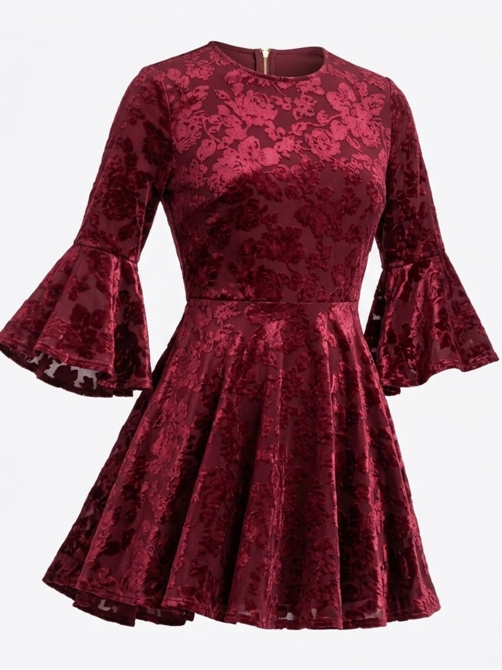 B Darlin Velvet Dress Burnout Burgundy Mini Skater Bell Sleeve Whimsigoth 13/14